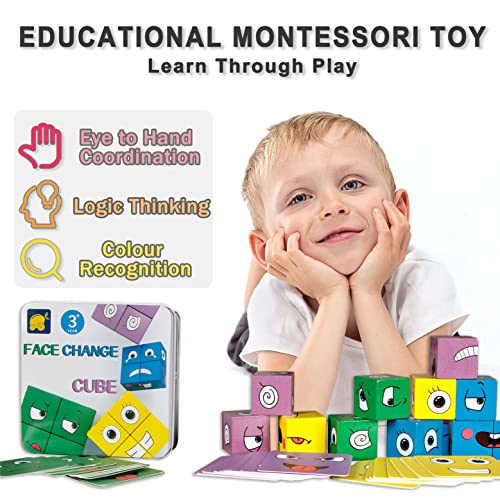 Puzzle de Madera de Expresión Facial, Montessori Juegos Kit de Rompecabezas Juguete 16 Cubos 64 Cartas IQ Puzzle Regalo Navidad, SUMAIRS Cubo Juguetes Educativos para Niños 3+ años