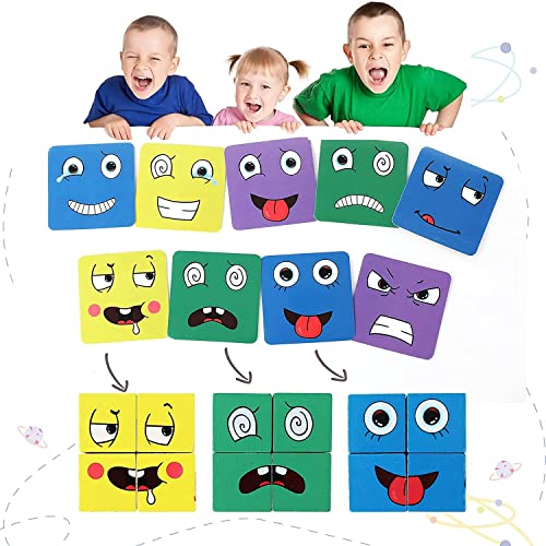 Puzzle de Madera de Expresión Facial, Montessori Juegos Kit de Rompecabezas Juguete 16 Cubos 64 Cartas IQ Puzzle Regalo Navidad, SUMAIRS Cubo Juguetes Educativos para Niños 3+ años