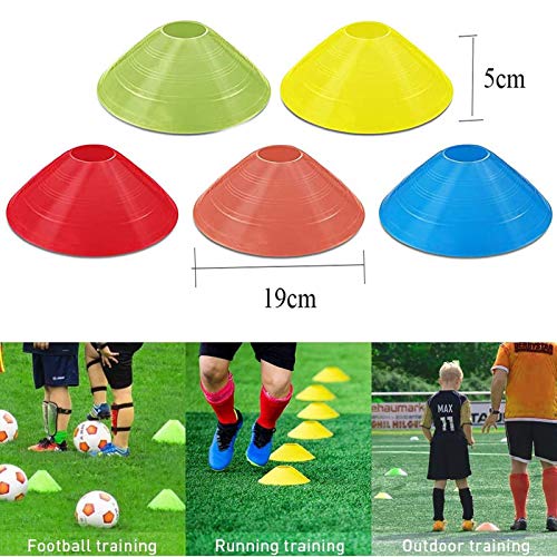 Q-WOOFF Conos De Disco para Entrenamiento, 50 Conos De Entrenamiento De Fútbol Americano, Marcado De Canchas, Viene con Soporte, Bolsillo De Malla, 5 Colores.