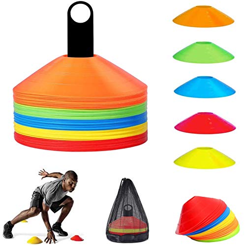 Q-WOOFF Conos De Disco para Entrenamiento, 50 Conos De Entrenamiento De Fútbol Americano, Marcado De Canchas, Viene con Soporte, Bolsillo De Malla, 5 Colores.