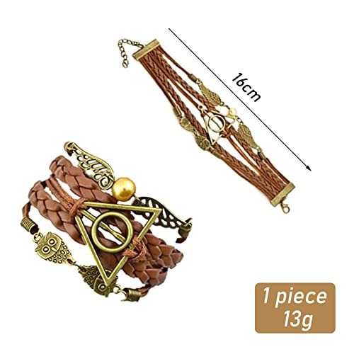 Qazuwa Pulseras de Harry Potter,Pulsera Harry Potter Mujer,Brazalete Tejido a Mano Pulsera de Cuero de PU Vintage Pulsera Ajustable Con Alas y Búhos de Snitch Dorados, Para Hombres y Mujeres, Marrón