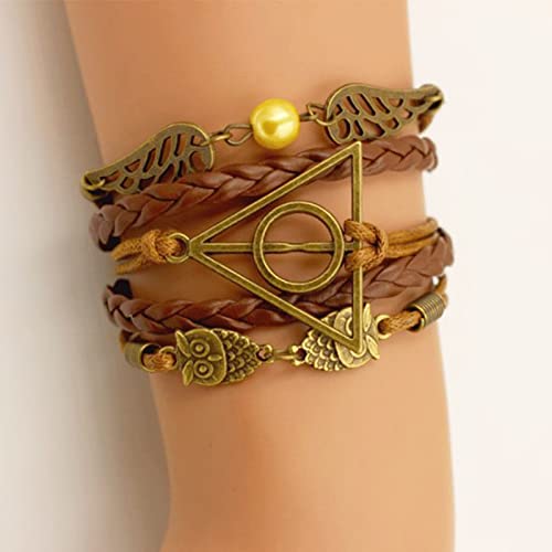 Qazuwa Pulseras de Harry Potter,Pulsera Harry Potter Mujer,Brazalete Tejido a Mano Pulsera de Cuero de PU Vintage Pulsera Ajustable Con Alas y Búhos de Snitch Dorados, Para Hombres y Mujeres, Marrón