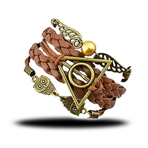 Qazuwa Pulseras de Harry Potter,Pulsera Harry Potter Mujer,Brazalete Tejido a Mano Pulsera de Cuero de PU Vintage Pulsera Ajustable Con Alas y Búhos de Snitch Dorados, Para Hombres y Mujeres, Marrón