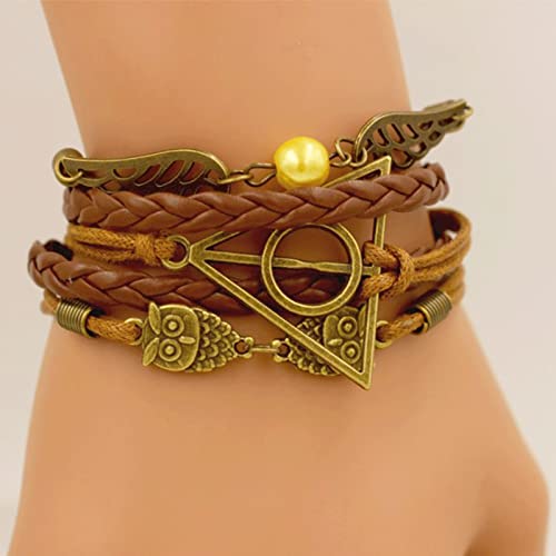 Qazuwa Pulseras de Harry Potter,Pulsera Harry Potter Mujer,Brazalete Tejido a Mano Pulsera de Cuero de PU Vintage Pulsera Ajustable Con Alas y Búhos de Snitch Dorados, Para Hombres y Mujeres, Marrón