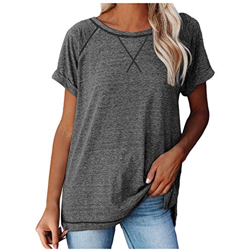 QAZX Camiseta de manga corta para mujer, elegante, ajustada, cuello redondo, informal, monocolor, holgada, holgada, cómoda, de calle, para deporte y para el día a día, gris oscuro, XL