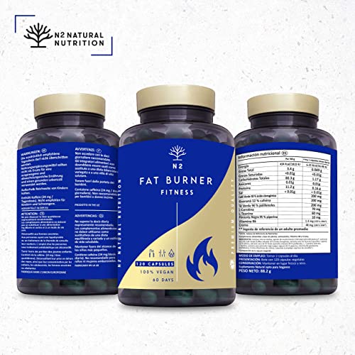 Quemagrasas Natural Termogénico Adelgazante Fat Burner Supresor de Apetito Ingredientes 100% Naturales 120 Cápsulas Vegetal. quema grasas pre entreno. VEGANO Fabricado en CE. N2 Natural Nutrition