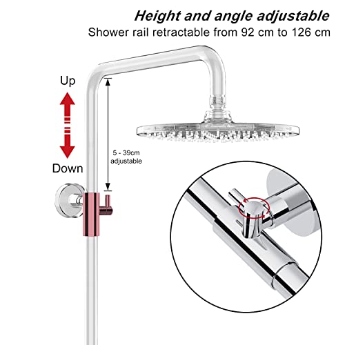 Rainsworth Columna de Ducha, Sistema de ducha con termostato Alcachofa Ducha Lluvia y 3 Tipos Ducha de Mano y Barra Altura Ajustable, acabado cromado