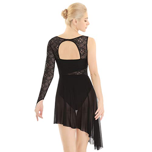 ranrann Asimétrico Vestido de Ballet Encaje para Mujer Maillot Danza Clásica con Falda Una Manga Vestido de Baile Lírico Contemporánea Dancewear Negro Large