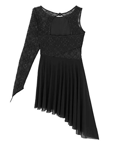 ranrann Asimétrico Vestido de Ballet Encaje para Mujer Maillot Danza Clásica con Falda Una Manga Vestido de Baile Lírico Contemporánea Dancewear Negro Large