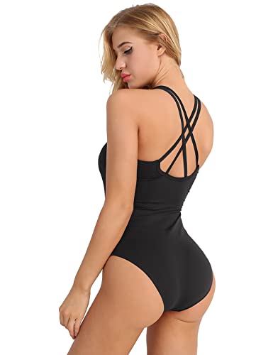 ranrann Maillot de Ballet Clásico para Mujer Body Sin Mangas Correas Cruzadas Jumpsuit Leotardo de Gimnasia Rítmica Traje Bailarina Fiesta Ropa Interior Negro XS