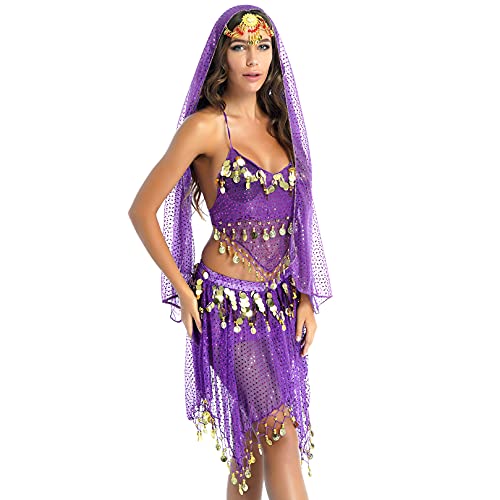 ranrann Top de Danza del Vientre Lentejuelas para Mujer Brillante Sujetador de Danza Oriental Flecos Top Corto Cuello Halter con Falda y Velo para Cabeza Disfraz Danza India Morado Talla Única