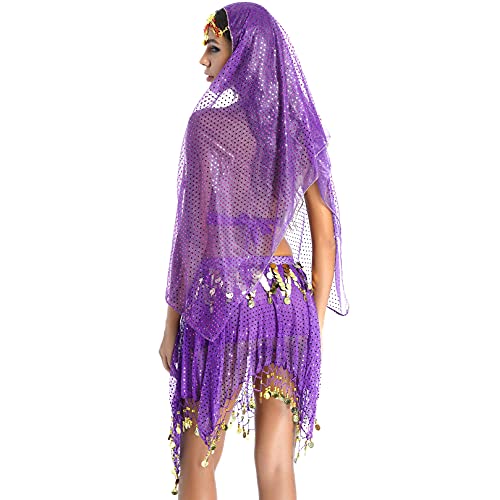 ranrann Top de Danza del Vientre Lentejuelas para Mujer Brillante Sujetador de Danza Oriental Flecos Top Corto Cuello Halter con Falda y Velo para Cabeza Disfraz Danza India Morado Talla Única