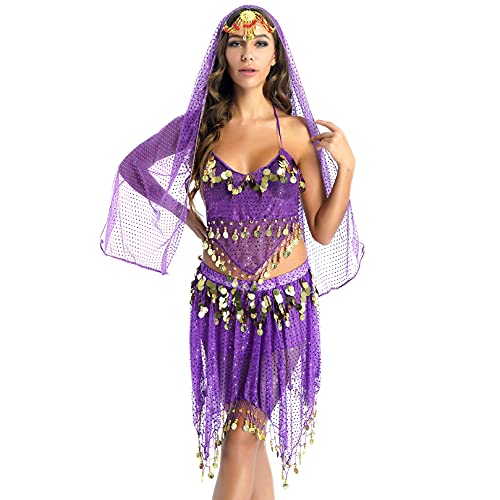 ranrann Top de Danza del Vientre Lentejuelas para Mujer Brillante Sujetador de Danza Oriental Flecos Top Corto Cuello Halter con Falda y Velo para Cabeza Disfraz Danza India Morado Talla Única