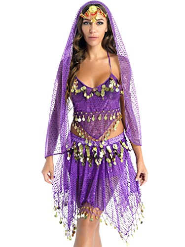 ranrann Top de Danza del Vientre Lentejuelas para Mujer Brillante Sujetador de Danza Oriental Flecos Top Corto Cuello Halter con Falda y Velo para Cabeza Disfraz Danza India Morado Talla Única