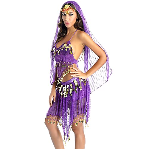 ranrann Top de Danza del Vientre Lentejuelas para Mujer Brillante Sujetador de Danza Oriental Flecos Top Corto Cuello Halter con Falda y Velo para Cabeza Disfraz Danza India Morado Talla Única