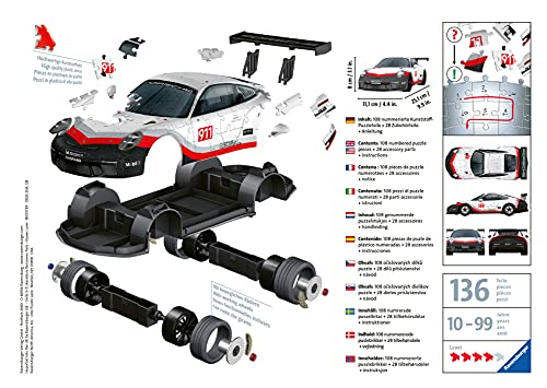 Ravensburger - Puzzle 3D, Puzzle 3D Porsche 911 GT3 Cup, Edad Recomendada 10+, 108 piezas de puzle de plástico numeradas + 28 accesorios + instrucciones - Dimensiones: 8,00 cm x 25,10 cm x 11,10 cm