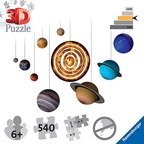 Ravensburger - Puzzle 3D, Sistema Planetario, Edad Recomendada 6+, 522 piezas numeradas, 18 accesorios, 1 póster de dos páginas, 1 manual de instrucciones