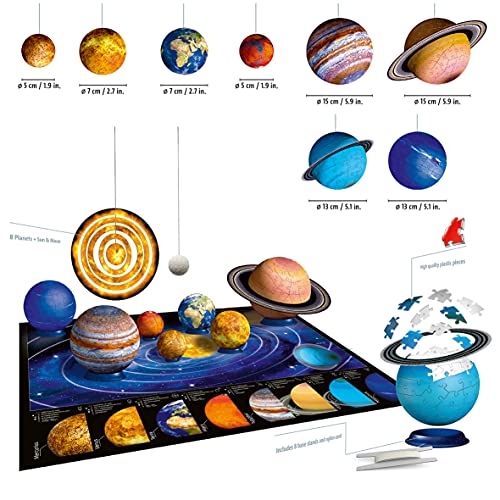 Ravensburger - Puzzle 3D, Sistema Planetario, Edad Recomendada 6+, 522 piezas numeradas, 18 accesorios, 1 póster de dos páginas, 1 manual de instrucciones