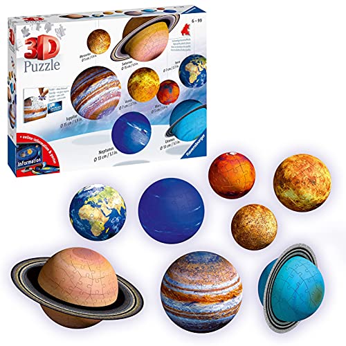 Ravensburger - Puzzle 3D, Sistema Planetario, Edad Recomendada 6+, 522 piezas numeradas, 18 accesorios, 1 póster de dos páginas, 1 manual de instrucciones