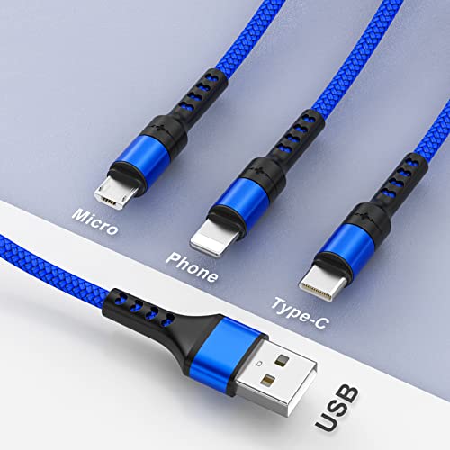 RAVIAD 3 en 1 Multi Cable de Carga, Multi USB Cargador Cable [1.2M] Nylon Múltiples Micro USB Tipo C para Android Samsung Galaxy S10/S9/S8/S7, Huawei P30/P20, Sony, Xiaomi, OnePlus- Azul