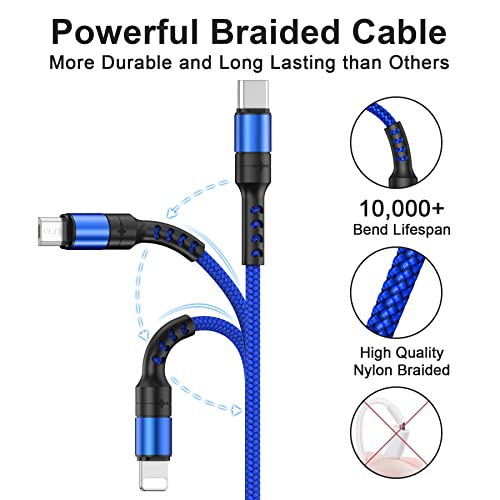 RAVIAD 3 en 1 Multi Cable de Carga, Multi USB Cargador Cable [1.2M] Nylon Múltiples Micro USB Tipo C para Android Samsung Galaxy S10/S9/S8/S7, Huawei P30/P20, Sony, Xiaomi, OnePlus- Azul