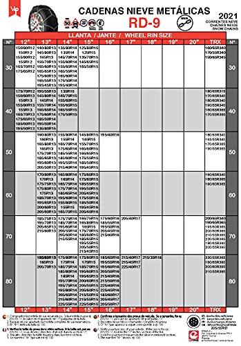 RD9 - Cadenas de nieve metálicas RD9 mm, talla Nº 130, set 2 uds, guantes incluidos
