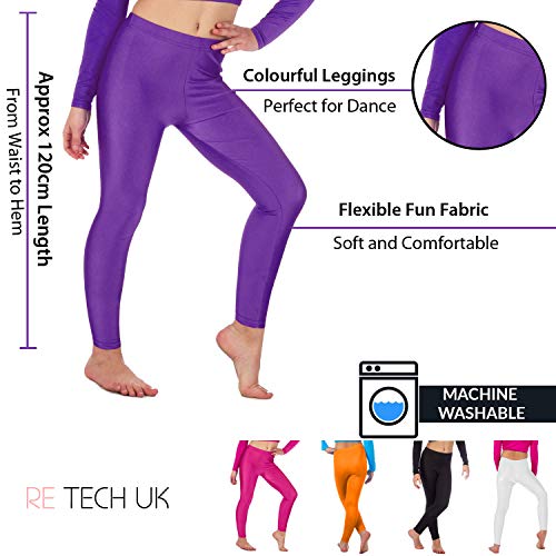 Re Tech UK Leggings elásticos para niña - Largo hasta el Tobillo - Licra Brillante - Colores Fluorescentes - Morado - 9-10 años