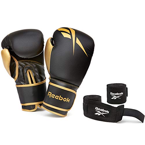 Reebok Guantes de Boxeo - Oro/Negro, 12oz Boxing Gloves + Wraps Set