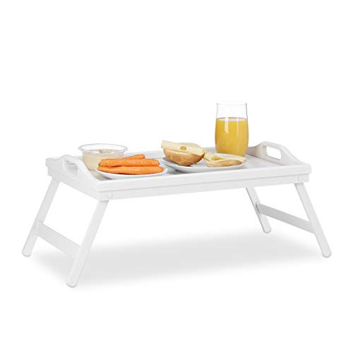 Relaxdays Bandeja Cama con Asas y Patas Plegables, Madera, Blanco, 22 x 61,5 x 30 cm