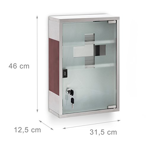 Relaxdays botiquín de emergencia de acero inoxidable y madera XL de mayor altura x ancho x profundidad: 45 x 30 x 12 cm con 3 compartimentos & Glass-puerta para cerrarlo incluido 2 llaves para primeros auxilios, estilo moderno para el baño, colour marrón