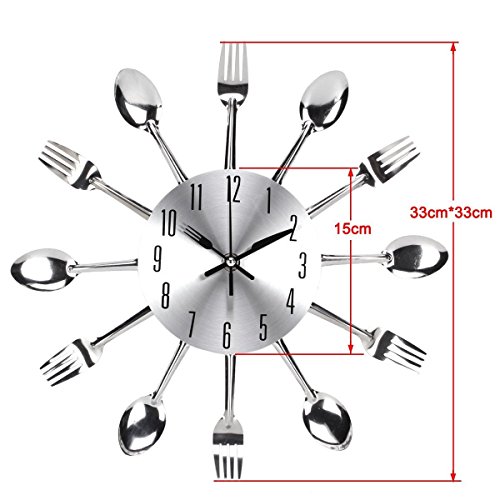 Reloj de cocina efecto espejo con diseño de cuchara, tenedor, cubertería, adhesivo extraible en 3D para decoración del hogar