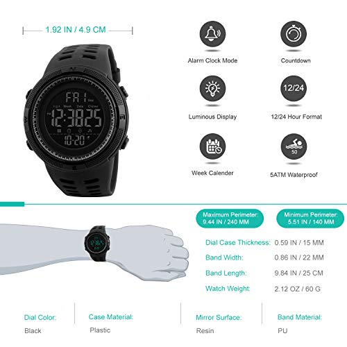 Reloj Digital para Hombre - Relojes Deportivo a Prueba de Agua para Hombre 50M, Reloj Militar Negro de Gran Cara LED con Alarma/Temporizador de Cuenta Regresiva/Cronómetro / 12 / 24H para Hombre