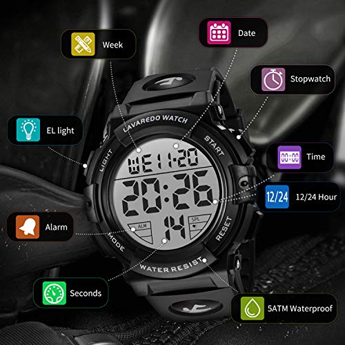 Reloj Digital para Hombre – Relojes Militares Deportivos 5 ATM Impermeable al Aire Libre Cronógrafo Militar Relojes de Pulsera para Hombres con Luz Trasera LED, Alarma, Fecha, a Prueba de Golpes