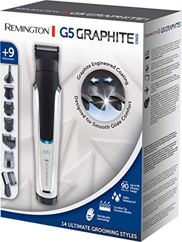 Remington Recortadora de Barba y Cortapelos G5 Graphite Series - Inalámbrico, Revestimiento de Grafito, 9 Accesorios, Autonomía 90 min, Blanco y Negro - PG5000