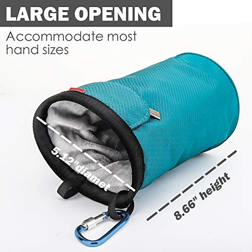 Rhino Valley Bolsa de Tiza, Bolsa de Magnesio de Forma Cilíndrica y Boca Oblicua sin Fugas con Cirturón Ajustable, Clip de Gancho y Bolsillo con Cremallera para Escalada - Azul Claro