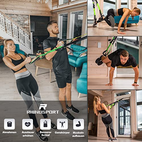 RHINOSPORT Juego de Entrenamiento de suspensión con Anclaje para Puerta Ajustable para Gimnasia en casa Adecuado para Viajes y para el Entrenamiento en Interiores y Exteriores