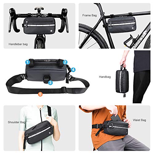 Rhinowalk Bolsa Multifuncional para Manillar de Bicicleta Impermeable Bolsa de Manillar de Bicicletas de Carretera y de Montaña para para Cuadro Superior con Correa de Hombro Desmontable (Negro)