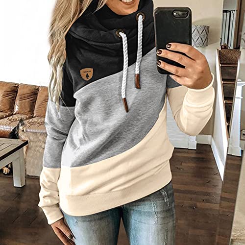 riou Sudadera con Paneles en Contraste Mujer Manga Larga Sólida y Cómoda Blusa Cordón Abrigo con Bolsillo Deportivos Moda Originales Pullover Otoño/Invierno