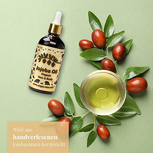 R&M - Aceite de jojoba prensado en frío para cara, cuerpo, cabello y más - 100% orgánico, comercio justo - Una piel más bella, una cara más limpia y un cabello fuerte - Botella Fair Trade - 100 ml