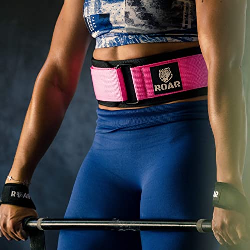 Roar® Cinturón Lumbar Gimnasio, Cinturon Gimnasio Hombre y Mujer, Cinturon Halterofilia, Powerlifting, Levantamiento Peso, Musculacion, Cinturon Gym Hombre, Cinturon Pesas (Rosa, S)