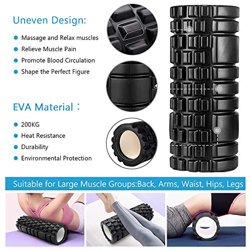 Rodillo Masaje Muscular, Qveetry 6 en 1 Foam Roller con Palos de Masaje, Bolas de Masaje, Bandas de Resistencia para Masaje Muscular, Punto de activación, Rodillo de Yoga Pilates(Negro)