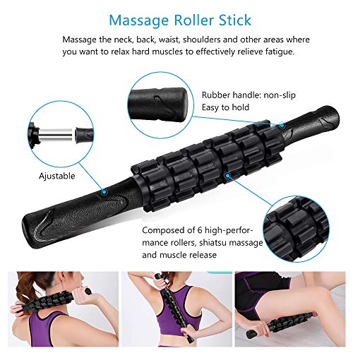 Rodillo Masaje Muscular, Qveetry 6 en 1 Foam Roller con Palos de Masaje, Bolas de Masaje, Bandas de Resistencia para Masaje Muscular, Punto de activación, Rodillo de Yoga Pilates(Negro)