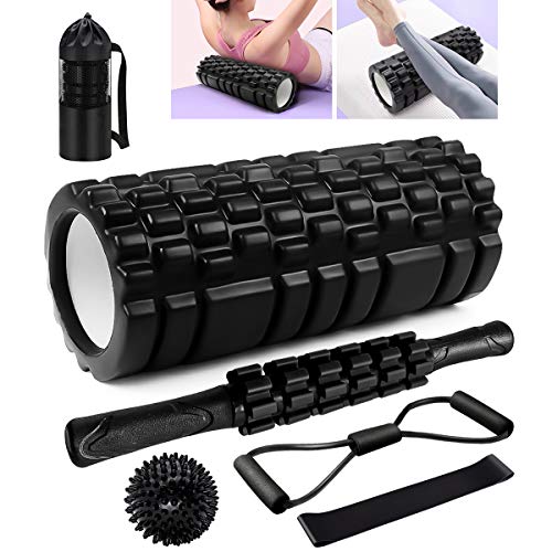 Rodillo Masaje Muscular, Qveetry 6 en 1 Foam Roller con Palos de Masaje, Bolas de Masaje, Bandas de Resistencia para Masaje Muscular, Punto de activación, Rodillo de Yoga Pilates(Negro)