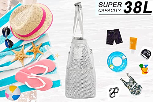 ROSA&ROSE Bolsa de Malla de Playa, Bolsas Compra Reutilizables para Natación, Camping, Vacaciones Familiares, los Juguetes y de la Ropa (Azul-1)