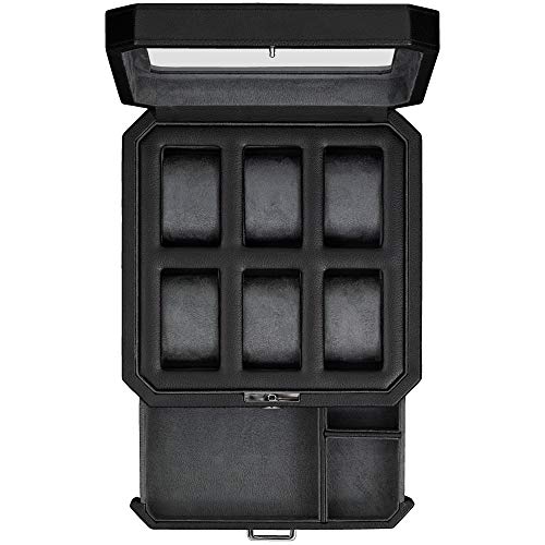 ROTHWELL Caja de reloj de cuero de 6 ranuras con cajón de servicio, organizador de exhibición de caja de reloj de lujo, soporte para cajas de almacenamiento para hombres(negro / gris)