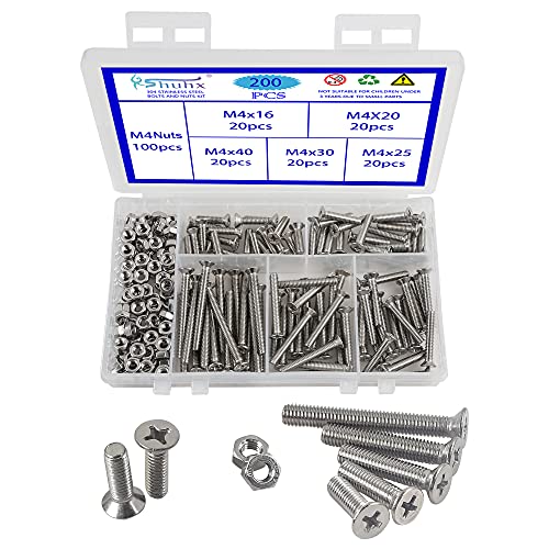 Rshuhx 200PCS M4 Tornillo y Tuerca Acero Inoxidable 304 Tornillo Avellanado Cruzar Tornillo Mecanico de Cabeza Plana Utilizado en Maquinaria y Autopartes Cabeceros de Cuna para Bebé Sillas Muebles