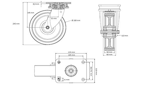 Rueda giratoria de goma para carga pesada, 200 mm, rodamiento de bolas, 500 kg