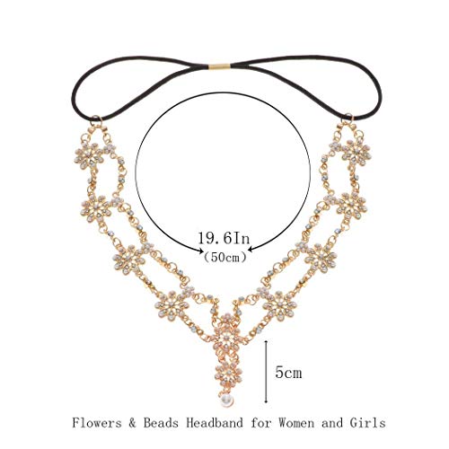 Runmi Cadena de cabeza nupcial con perlas de pelo de oro Jewerly Diadema de flores para la frente, banda de festival accesorios para el cabello para mujeres y niñas