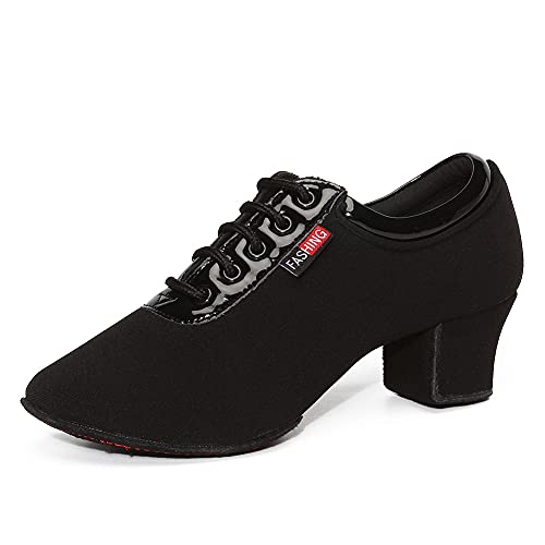 RUYBOZRY Zapatos de Baile Moderno de tacón bajo de para Mujer y Hombre Zapatos de práctica de Baile Latino con Cordones,601-Negro-2MD-5.5,EU40