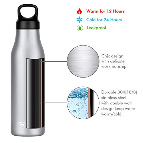 Ryaco Botella de Agua de Acero Inoxidable 600 ml, Sin BPA A Prueba de Fugas, Aislada Al Vacío con Doble Pared, Mantiene Las Bebidas Frías 24 Horas y Calientes 12 Horas, para Deportes, Gimnasio